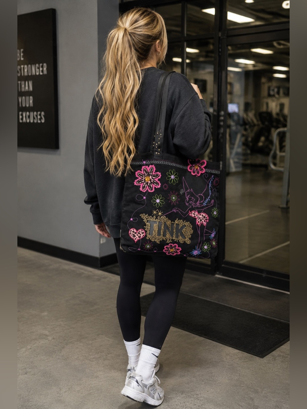 Tinker bell Peter Pan Disney large shopping bag tote black NWT floral embroidery